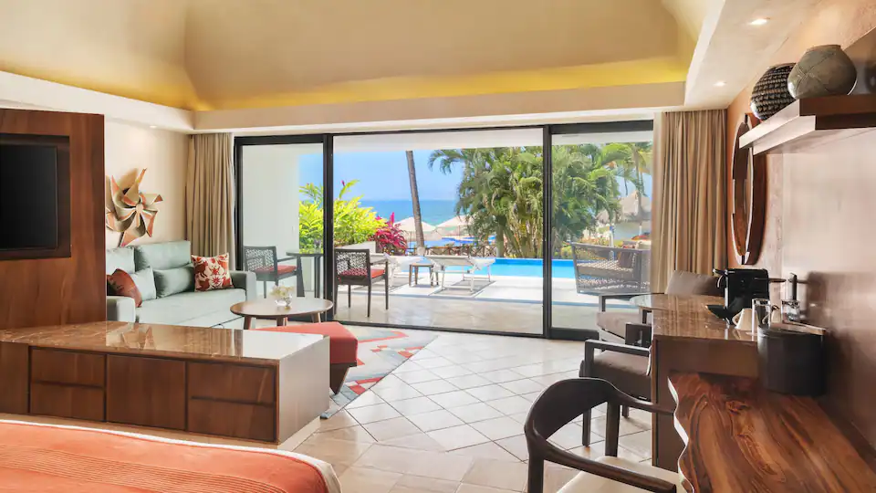 Club Ocean View Swim-Up Suite King with private terrace, semi-private pool access, and ocean views at Hyatt Ziva Puerto Vallarta.